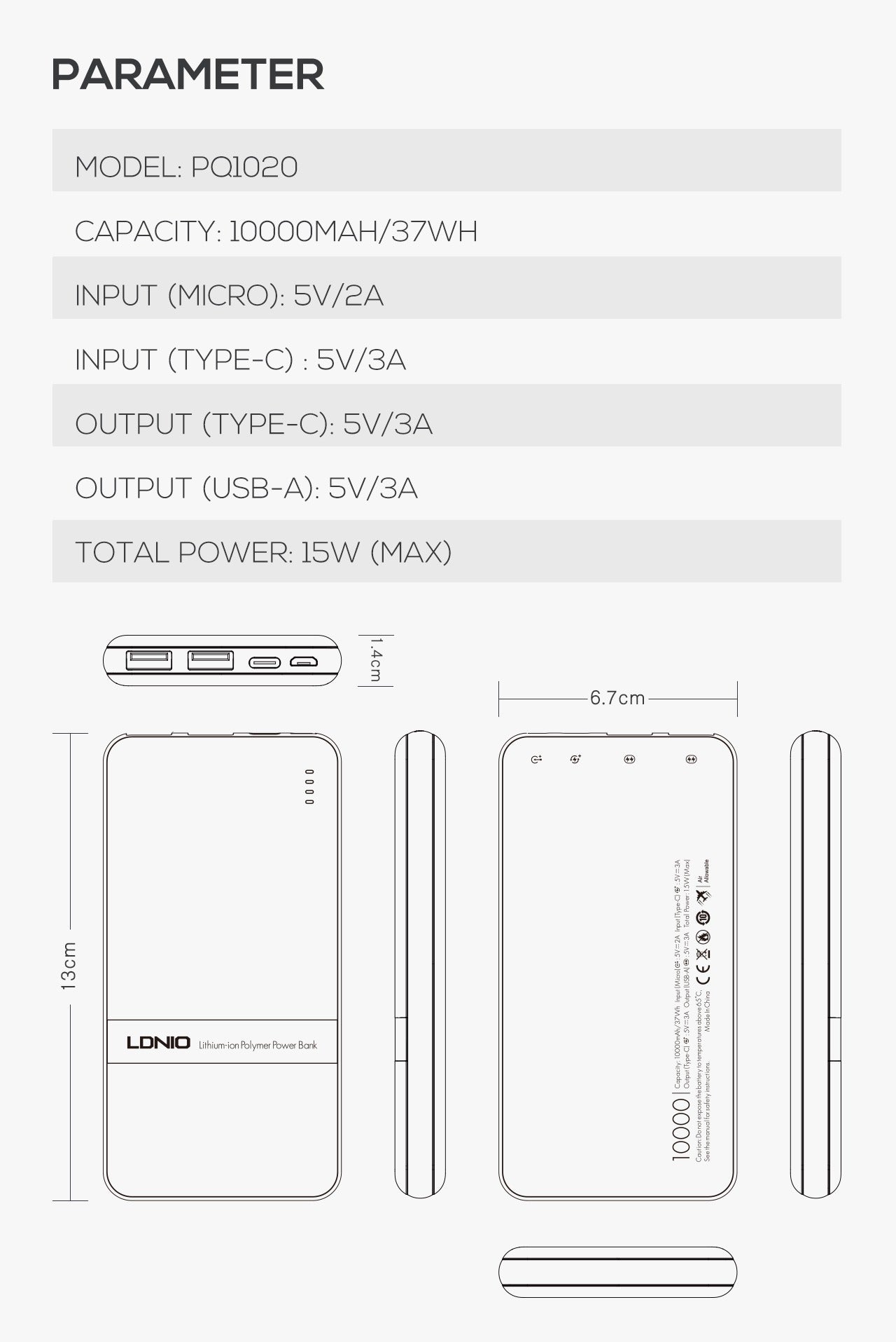 Powerbank LDNIO PQ1020 - 10000mAh / 15W Carga Rapida