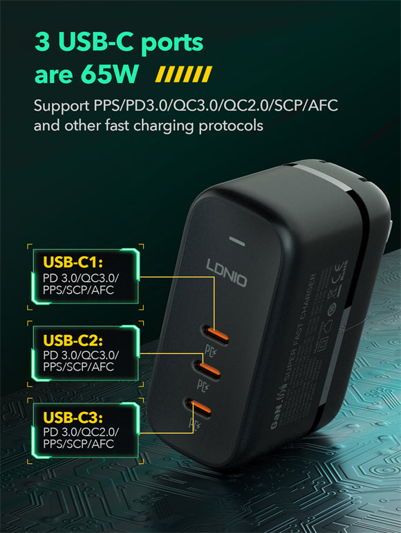 Cargador LDNIO Q367 3 USB-C PD 65W Carga Rapida