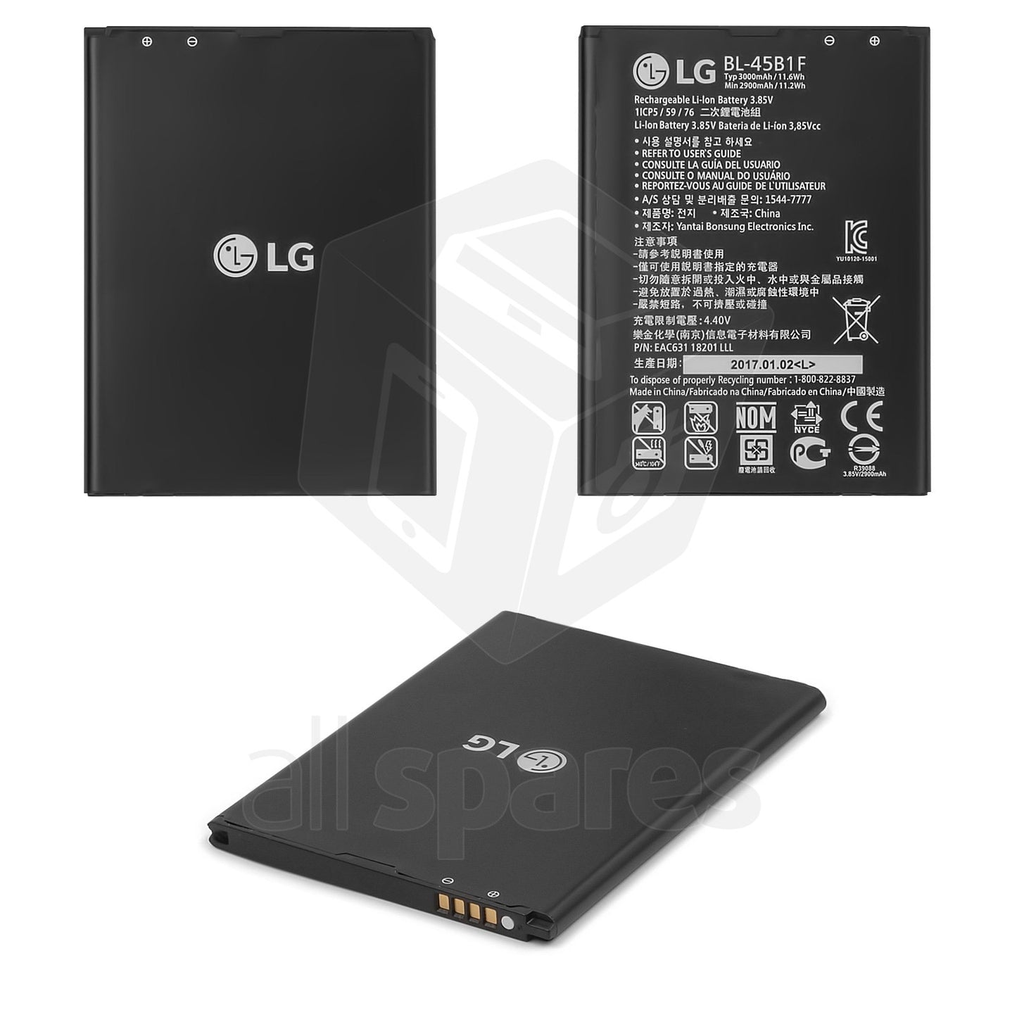 Batería BL-45B1F puede usarse con LG V10 H900, Li-ion, 3.85 V, 3000 mAh